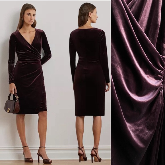 Lauren Ralph Lauren Velvet Sheath Dress Burgundy Long Sleeves Preppy Formal 16 - Picture 1 of 10